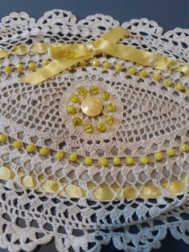 Set of 2 Vintage Oval (11" x 7") Beaded Doilies