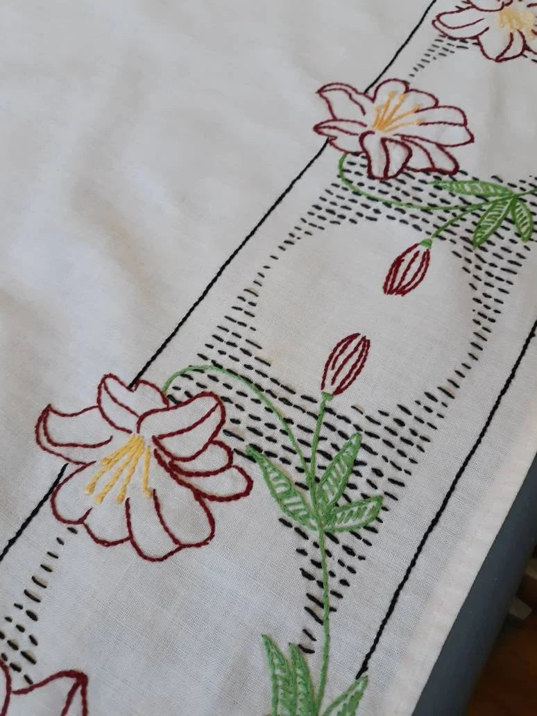 Floral Stitched Vintage Tablecloth