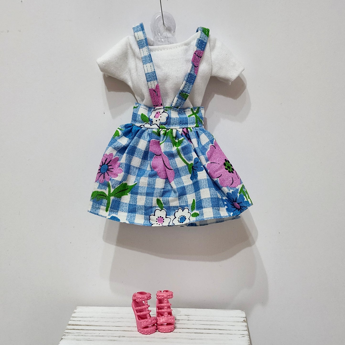 Blue Check Floral Overall Skirt Outfit for 11 1/2" fashion dolls