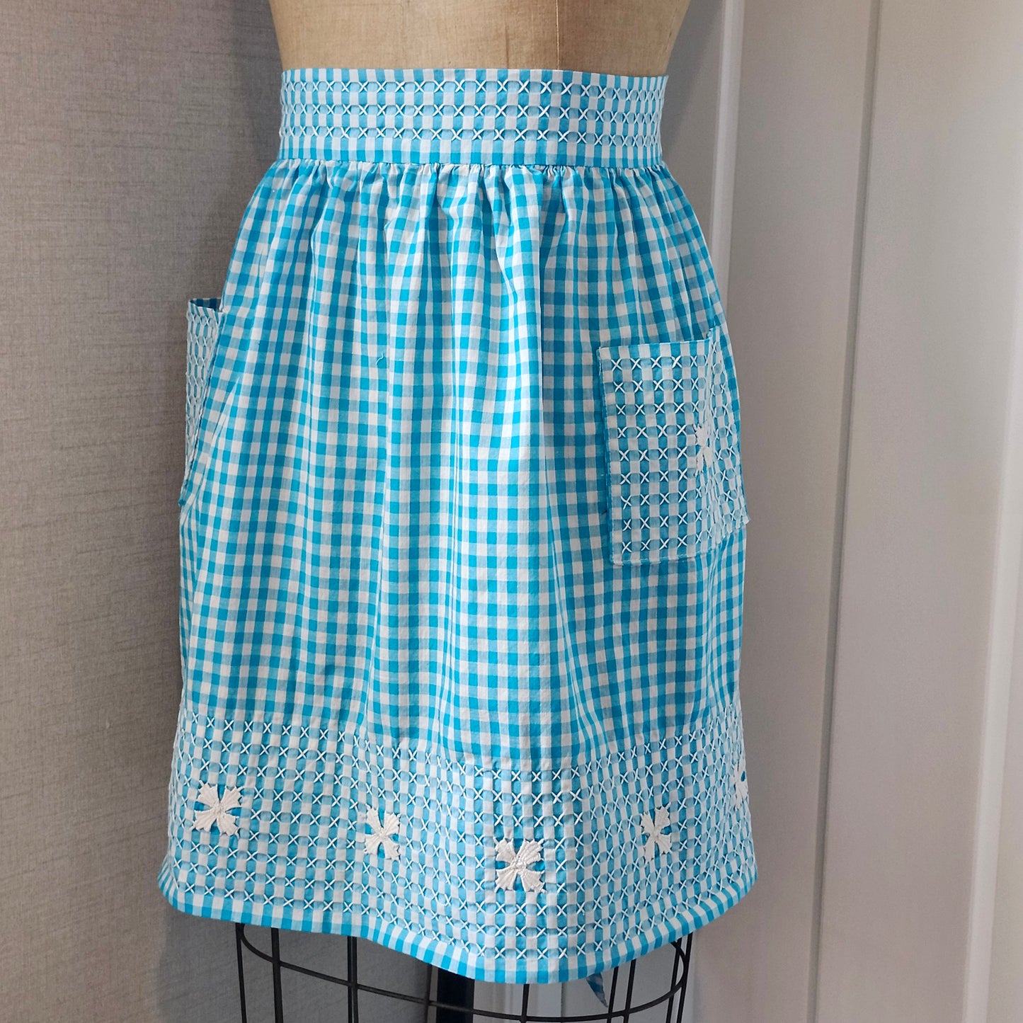 Turquoise Gingham Vintage Half Apron with White Cross Stitch and Bouillon Stitch Flowers