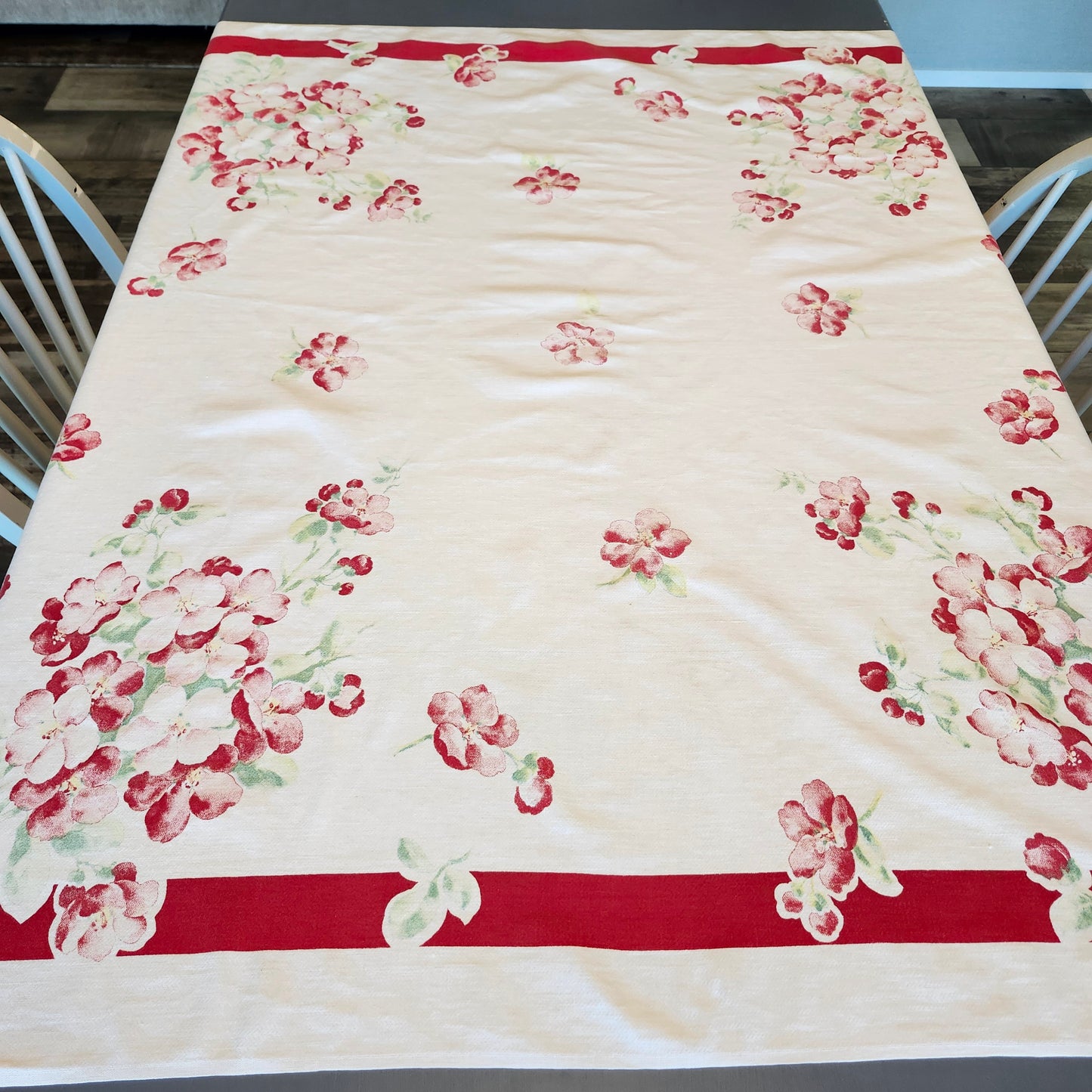 Red Floral Vintage Tablecloth