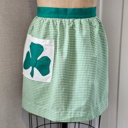 Green and White Gingham Vintage Half Apron with Shamrock Applique Pocket