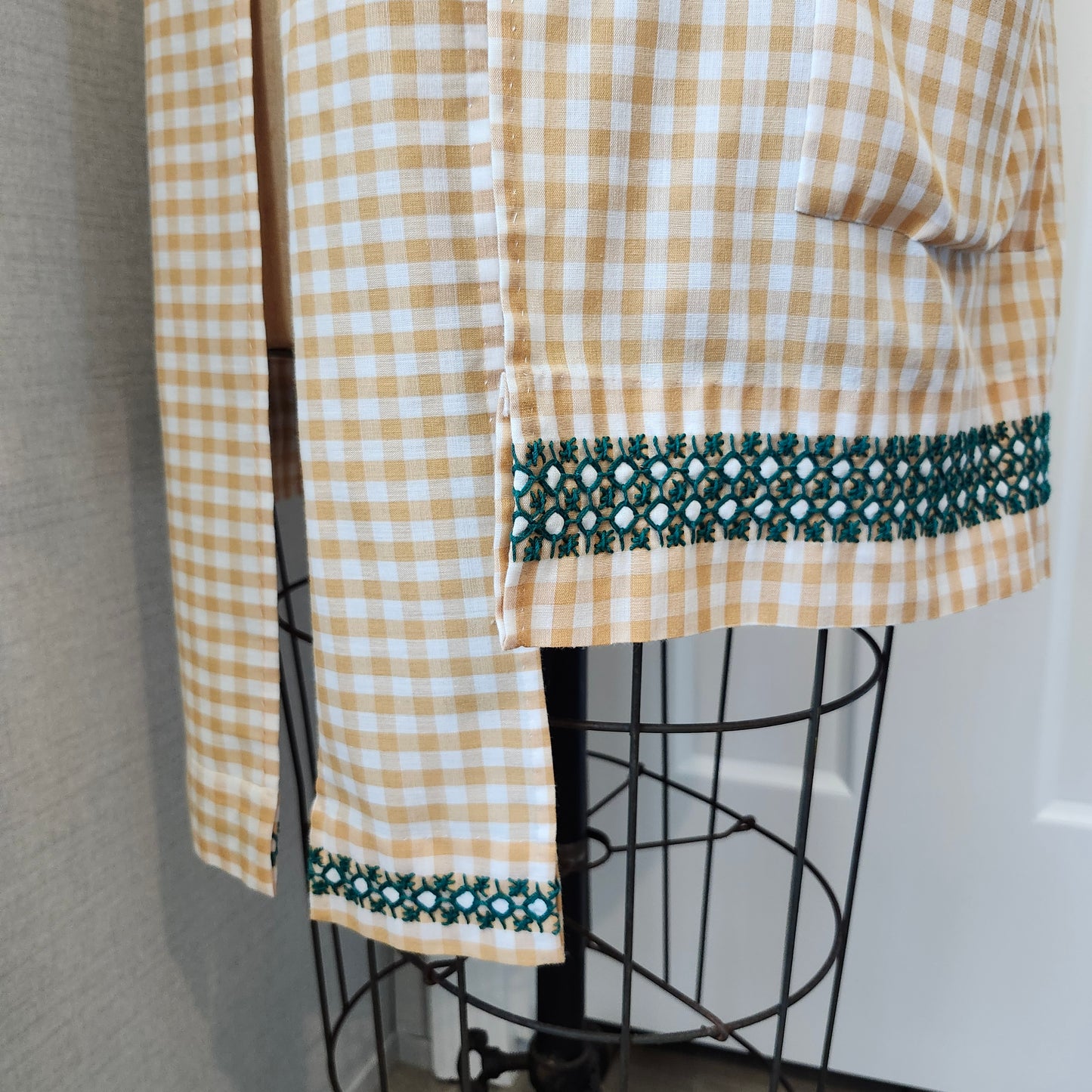 Tan Gingham Vintage Half Apron with Green Cross Stitch Design