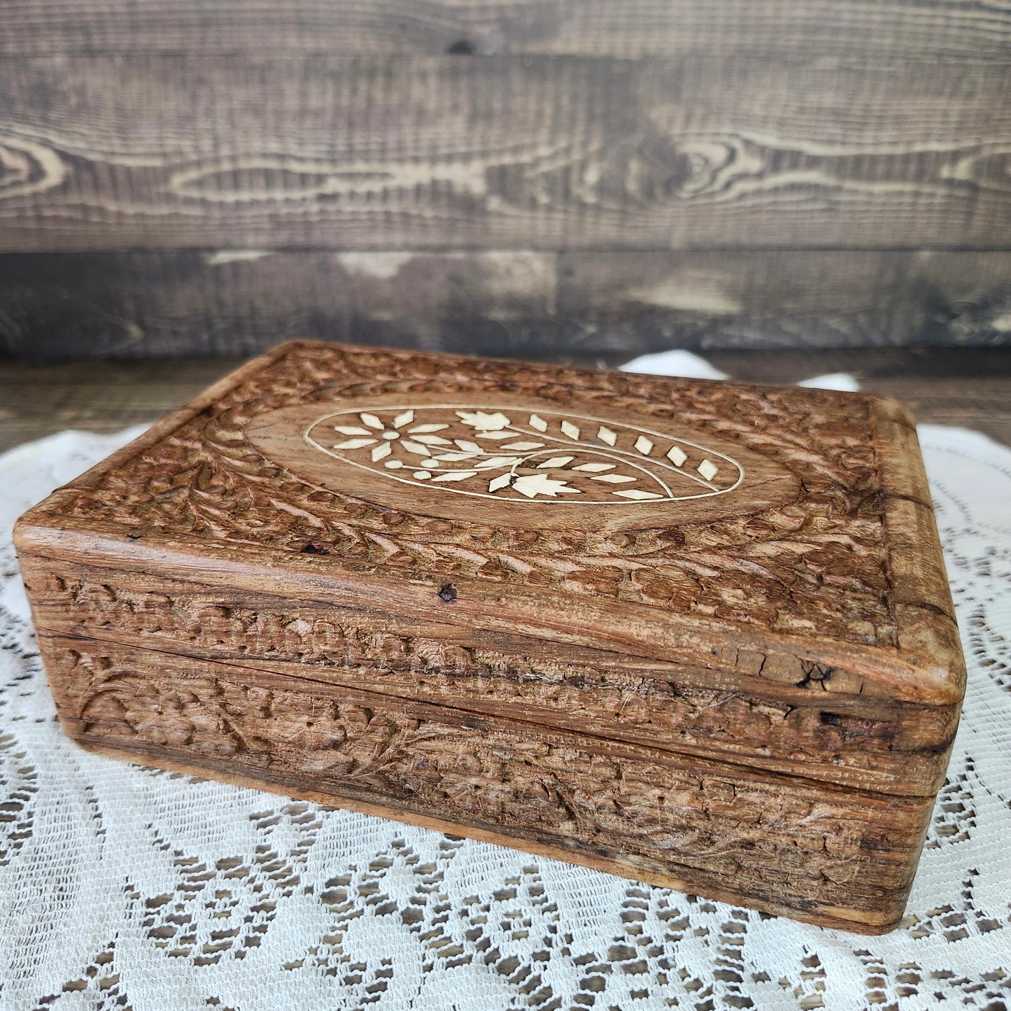 Carved Wood Box with Lid Inlay