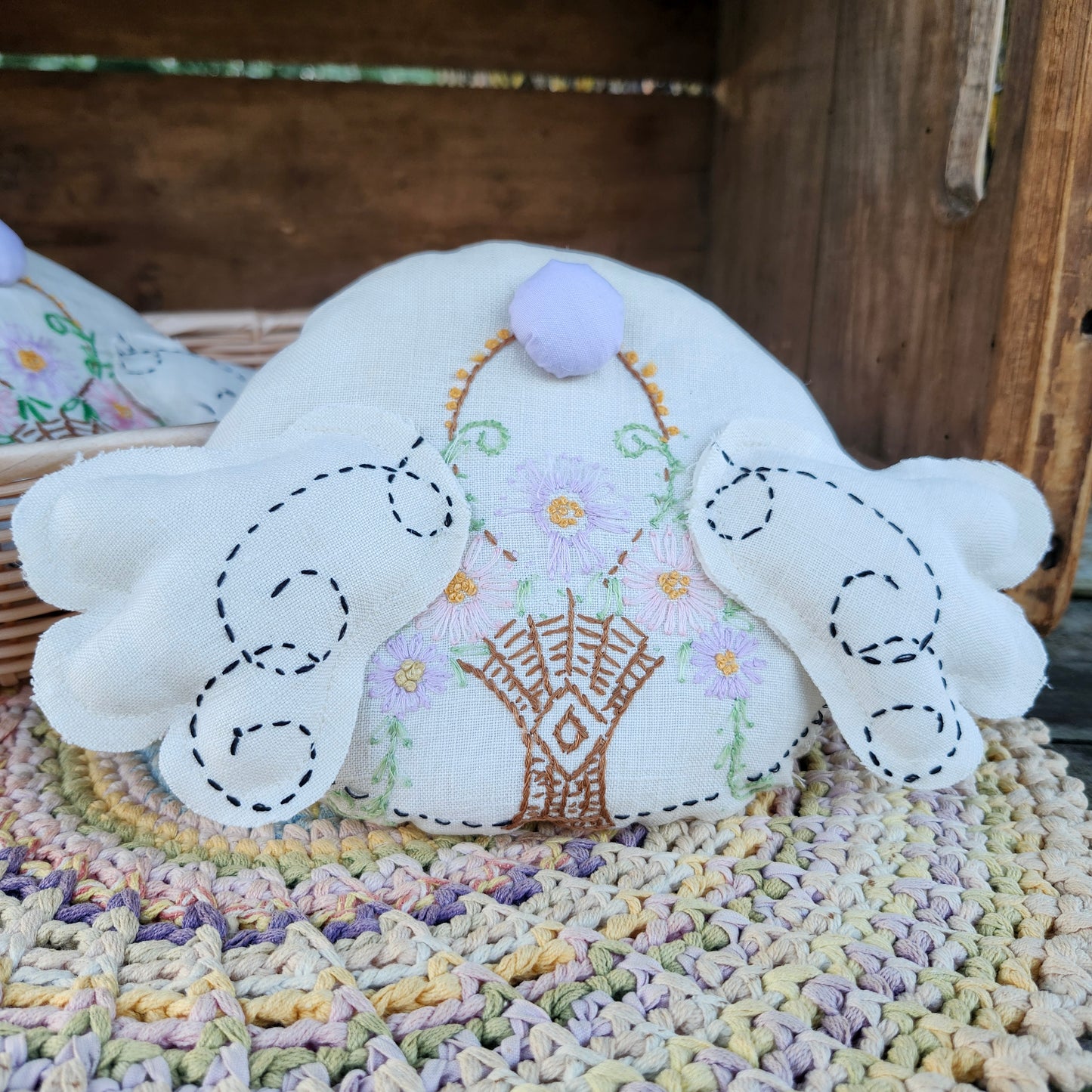 Flower Basket Bunny Butt, handmade, vintage linen