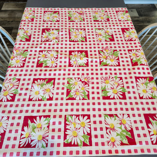 Daisies and Pink Squares Vintage Tablecloth
