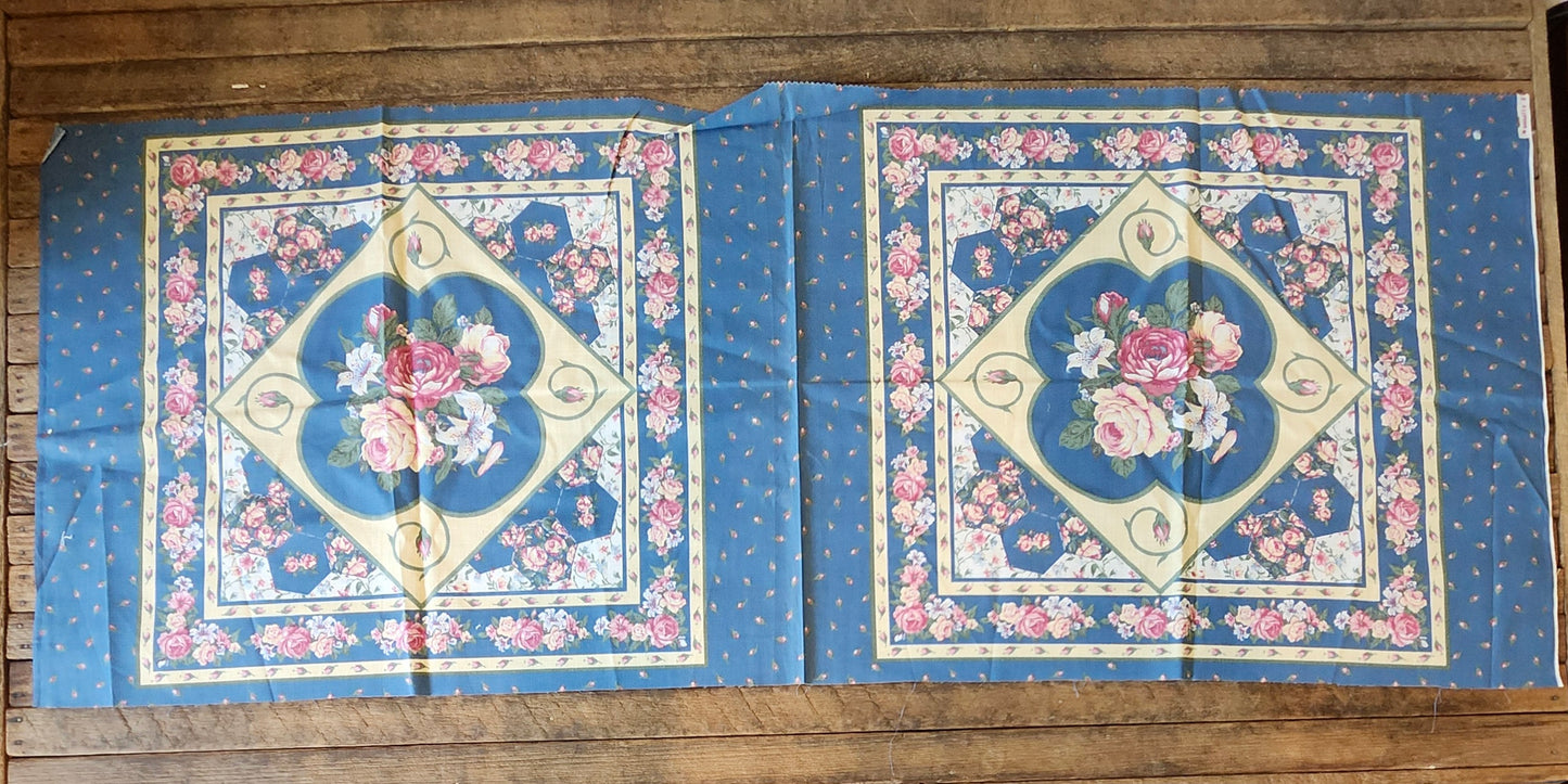 Red Roses on Blue Background Pillow Cut and Sew Panel