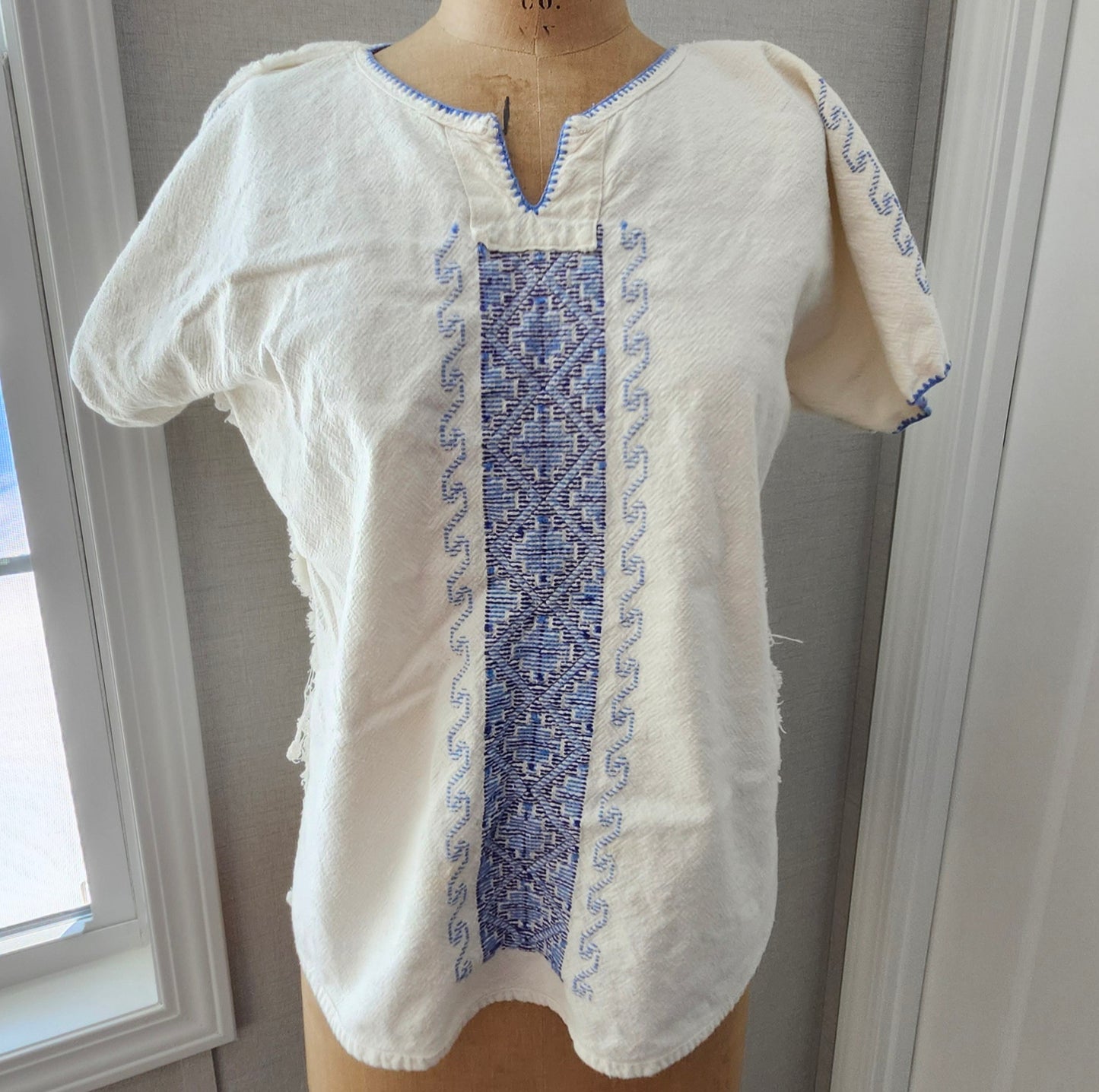 Boho Blue Embroidered White Blouse Handmade