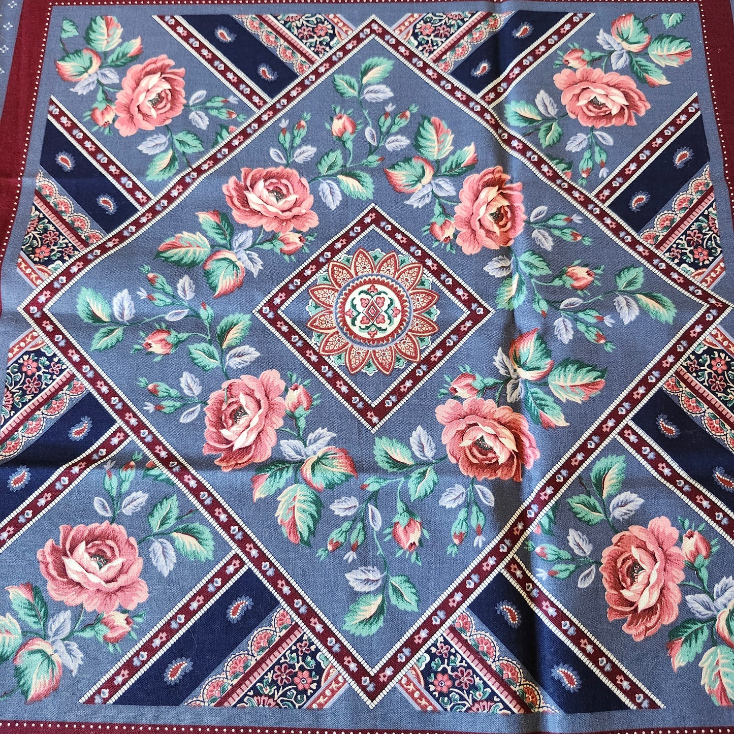 Mauve Roses on Burgundy and Blue Background Pillow Cut and Sew Panel