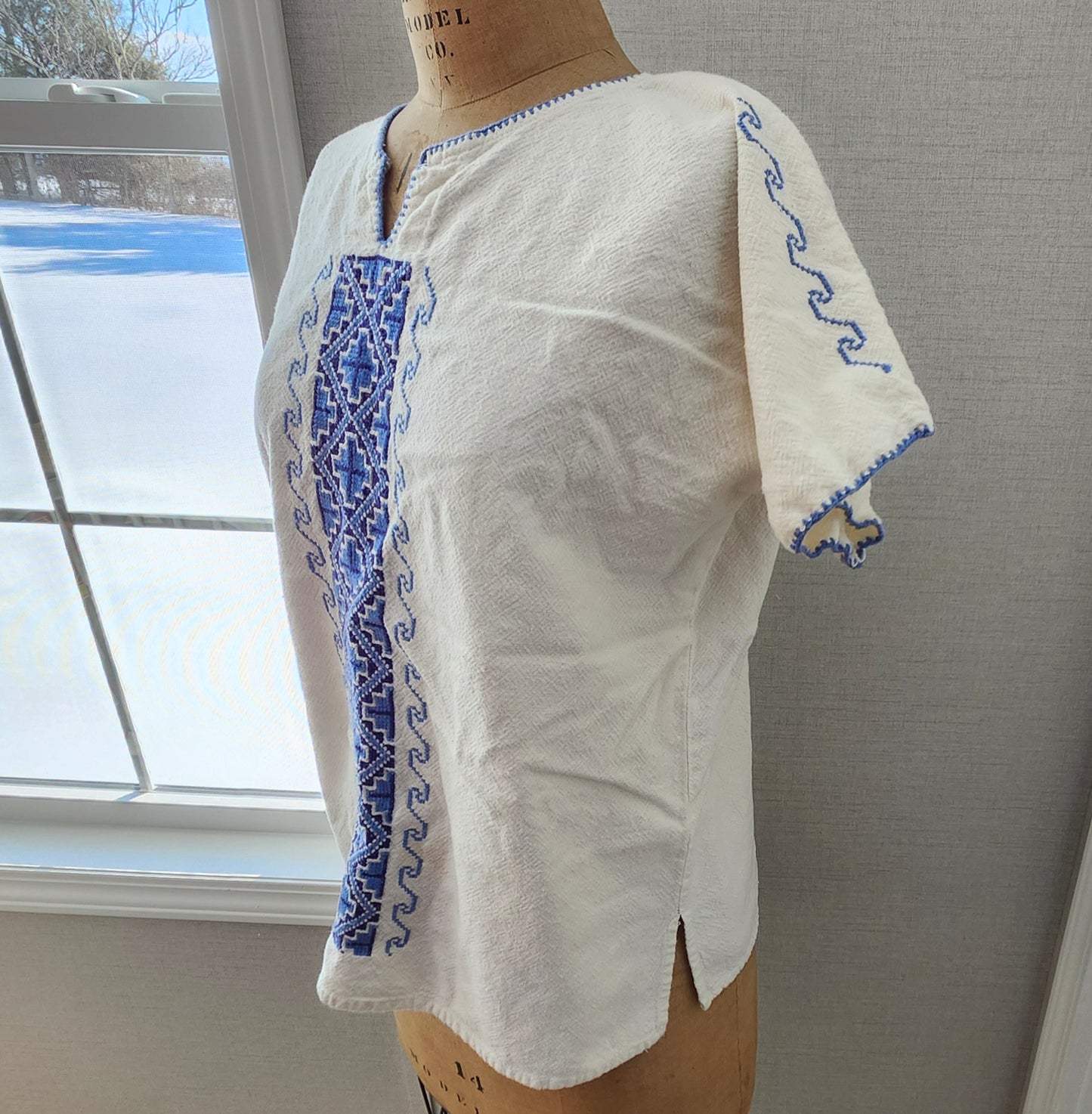 Boho Blue Embroidered White Blouse Handmade