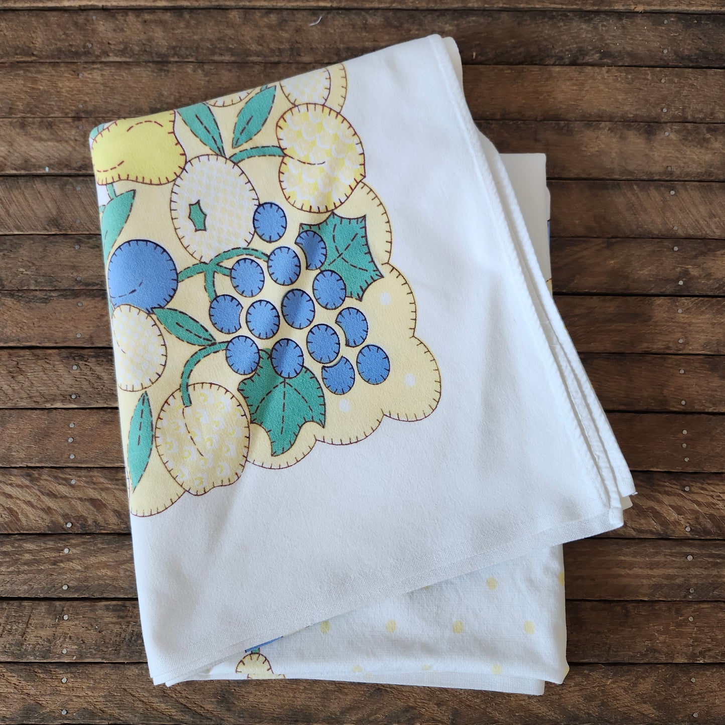 Yellow and Blue Fruit Design Vintage Tablecloth