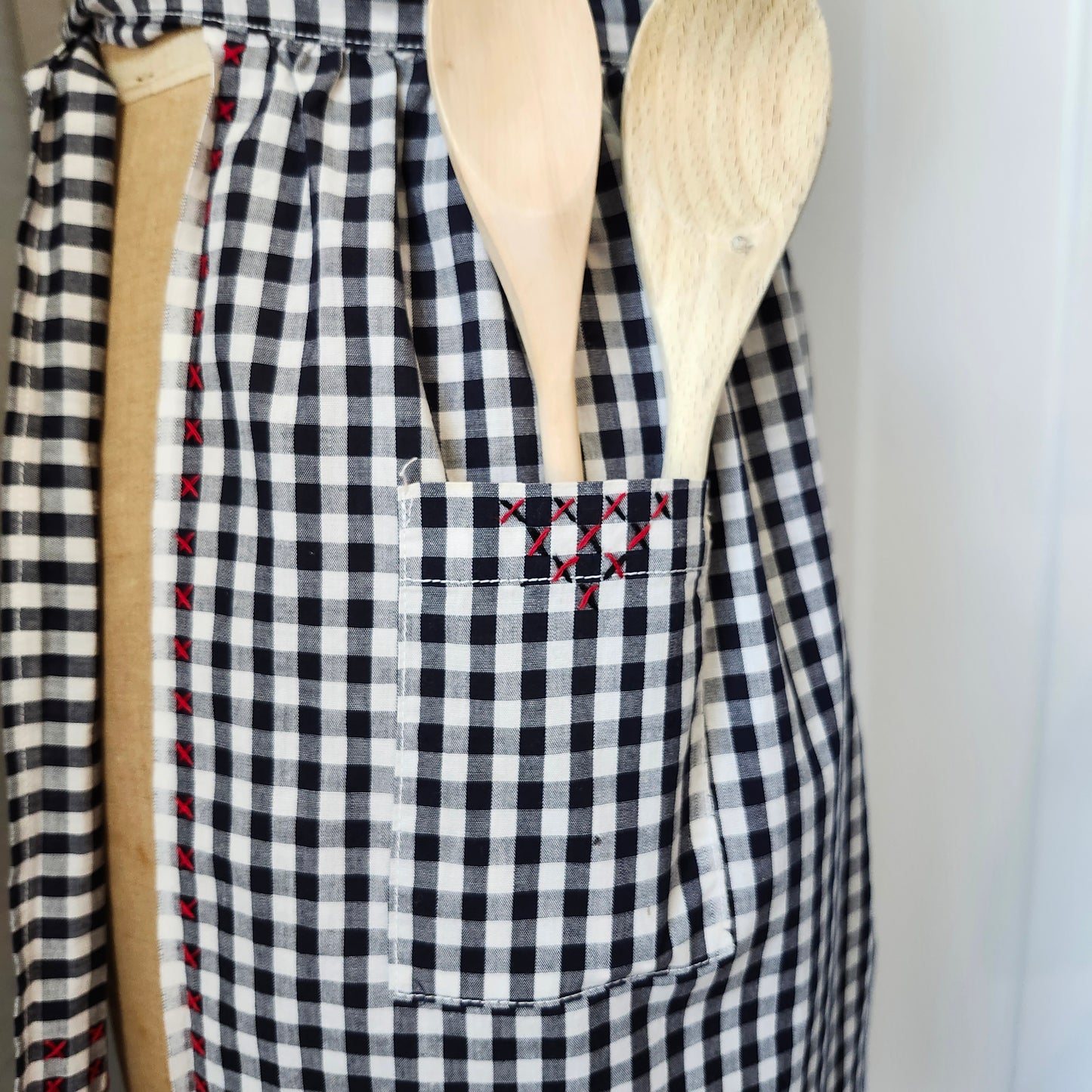 Black and White Gingham Vintage Half Apron with Red Cross Stitched Design