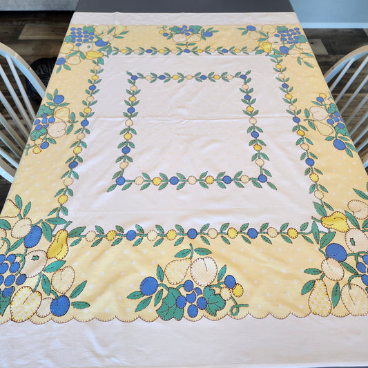 Yellow and Blue Fruit Design Vintage Tablecloth