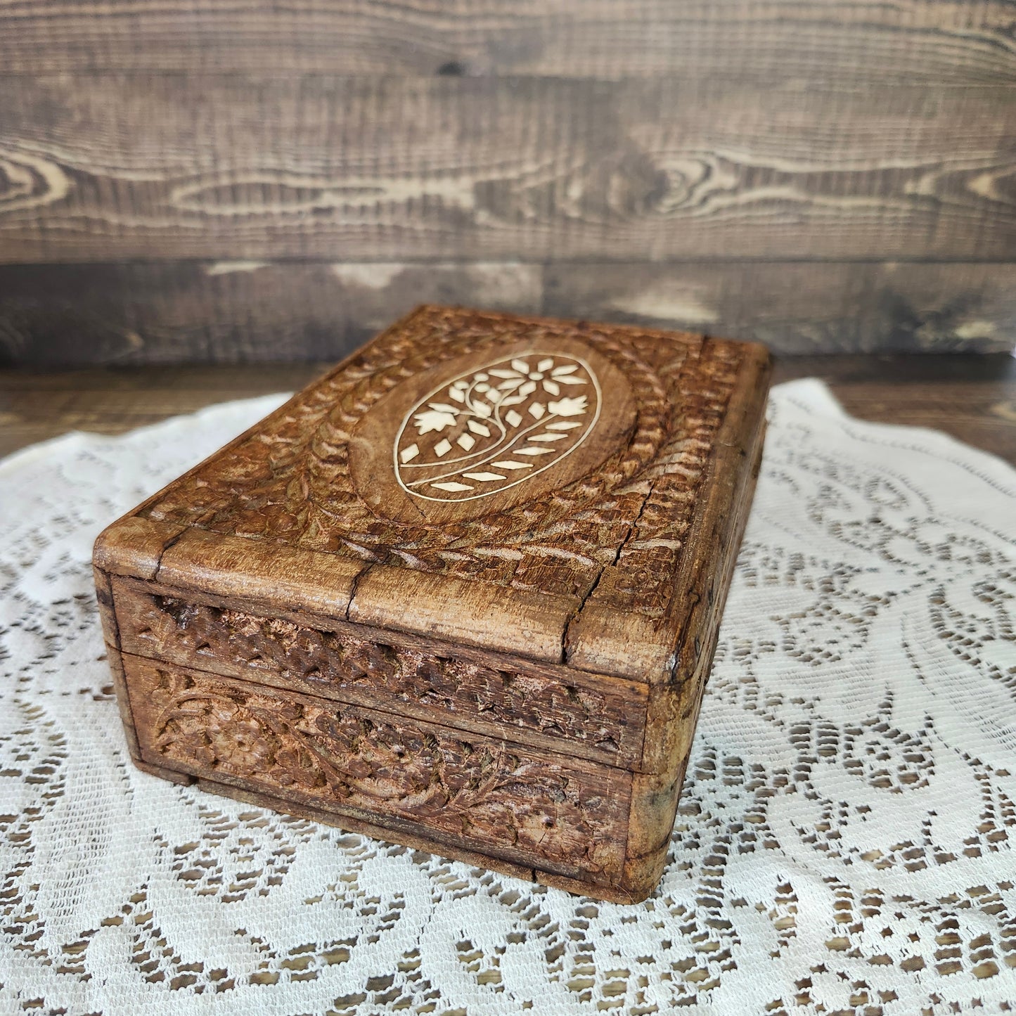 Carved Wood Box with Lid Inlay