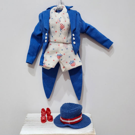 Patriotic Carnival Outfit for 11 1/2" fashion dolls, vintage hankie, OOAK