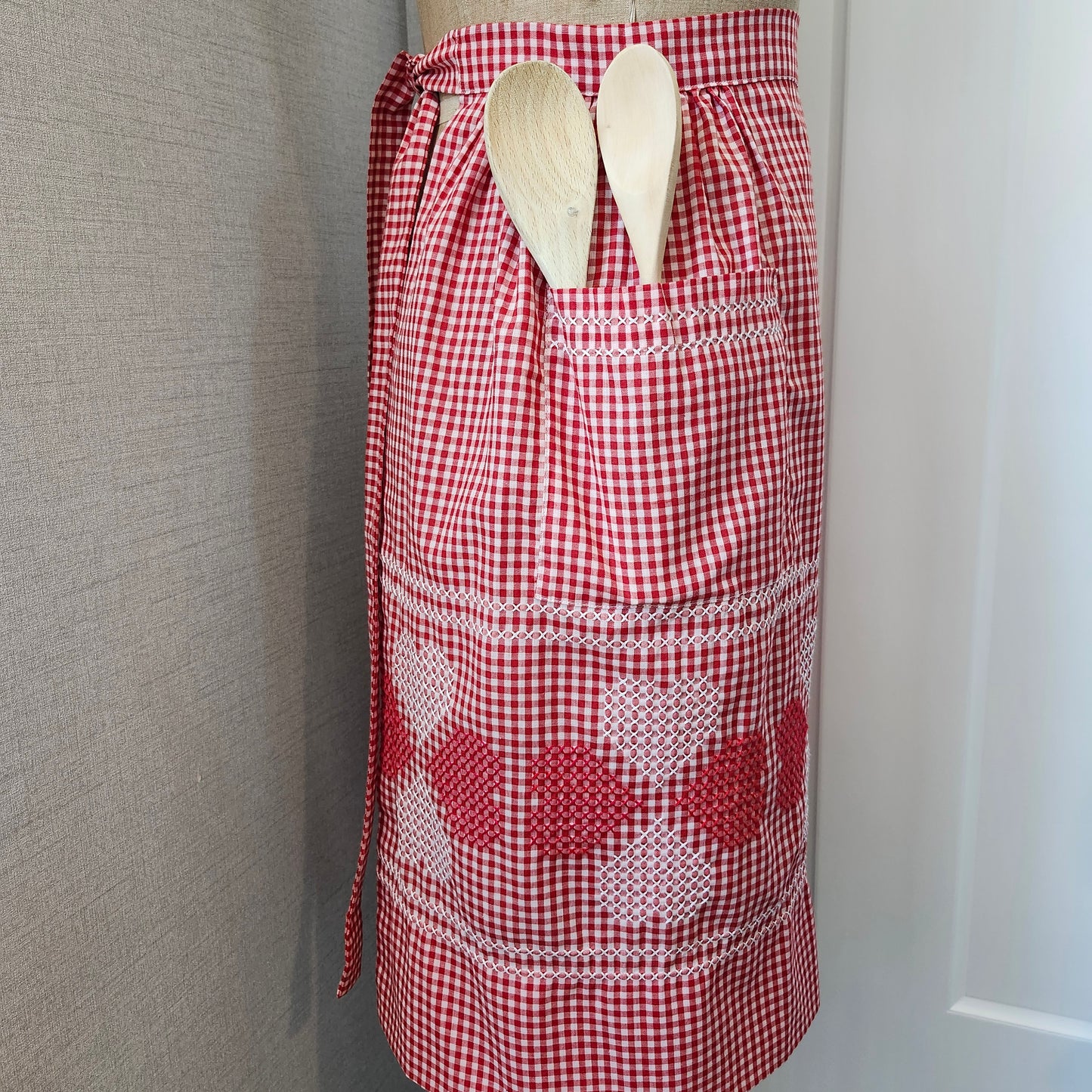 Red and White Gingham Vintage Half Apron with Cross Stitched Hearts