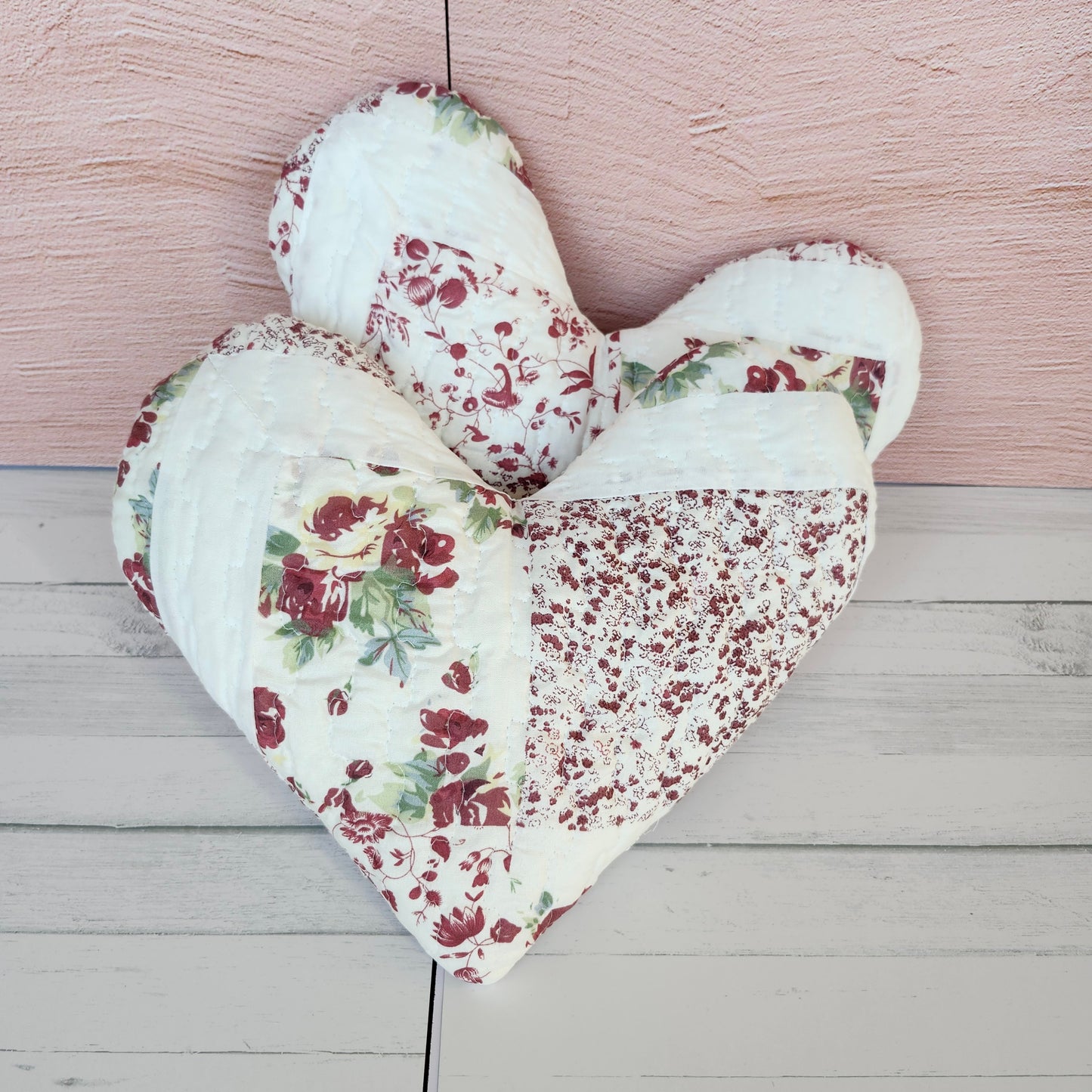 Floral Patchwork Quilted Heart Pillow