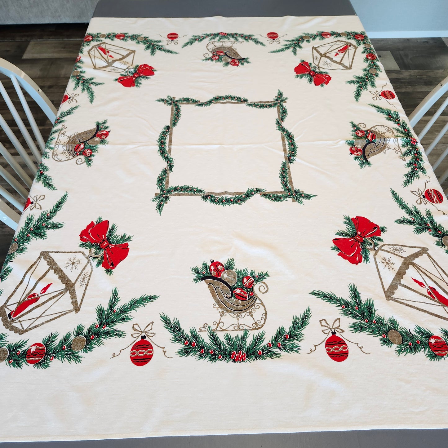 Lanterns and Sleighs Vintage Christmas Tablecloth