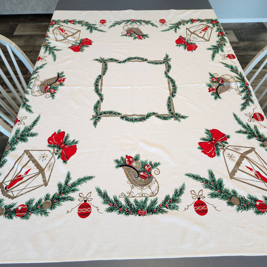 Lanterns and Sleighs Vintage Christmas Tablecloth