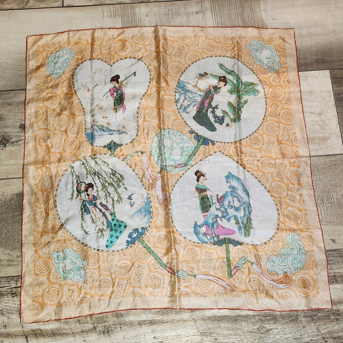 Vintage Triangle Brand Hand Printed Silk Scarf, Chinese Ladies Design