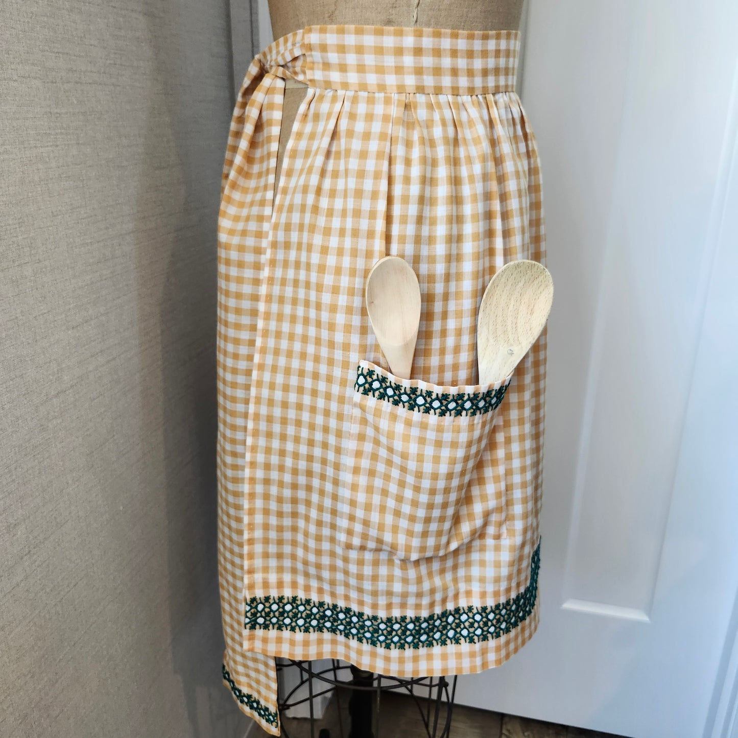 Tan Gingham Vintage Half Apron with Green Cross Stitch Design