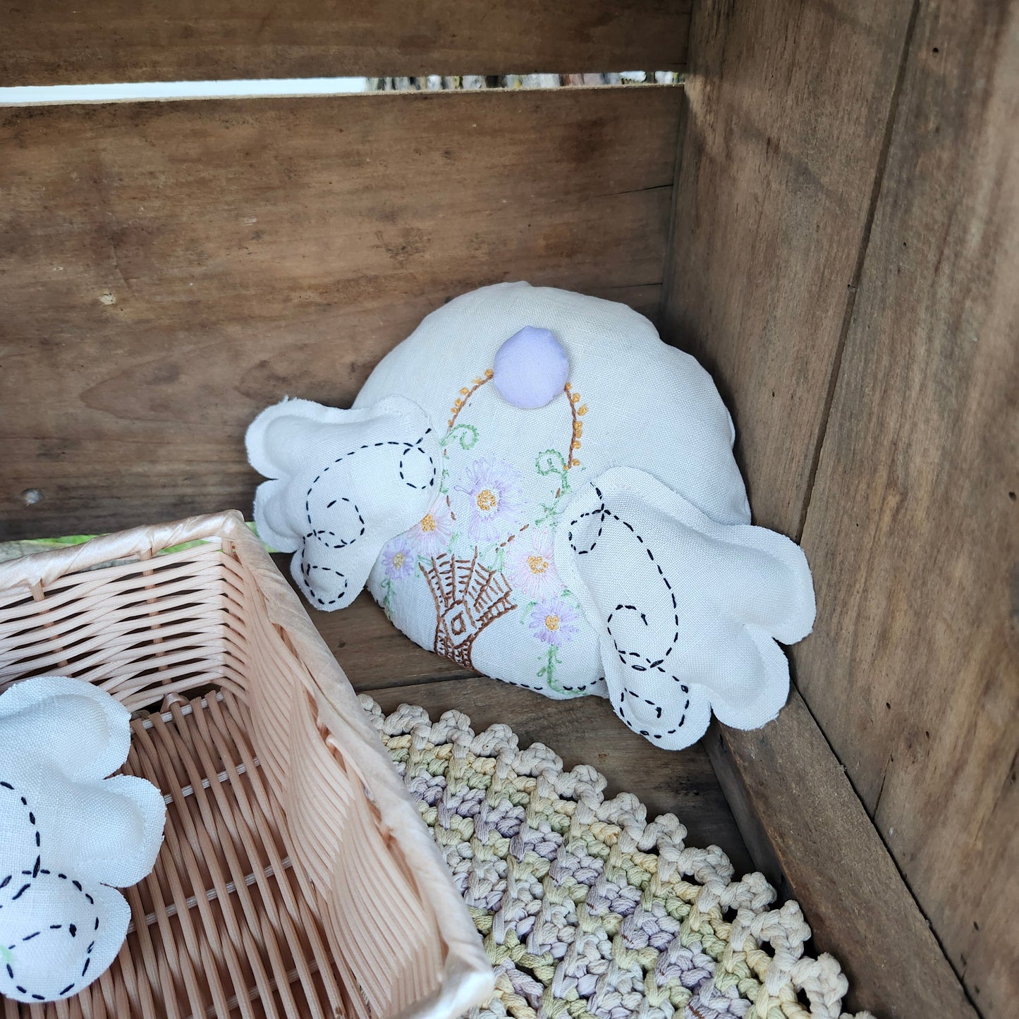 Flower Basket Bunny Butt, handmade, vintage linen