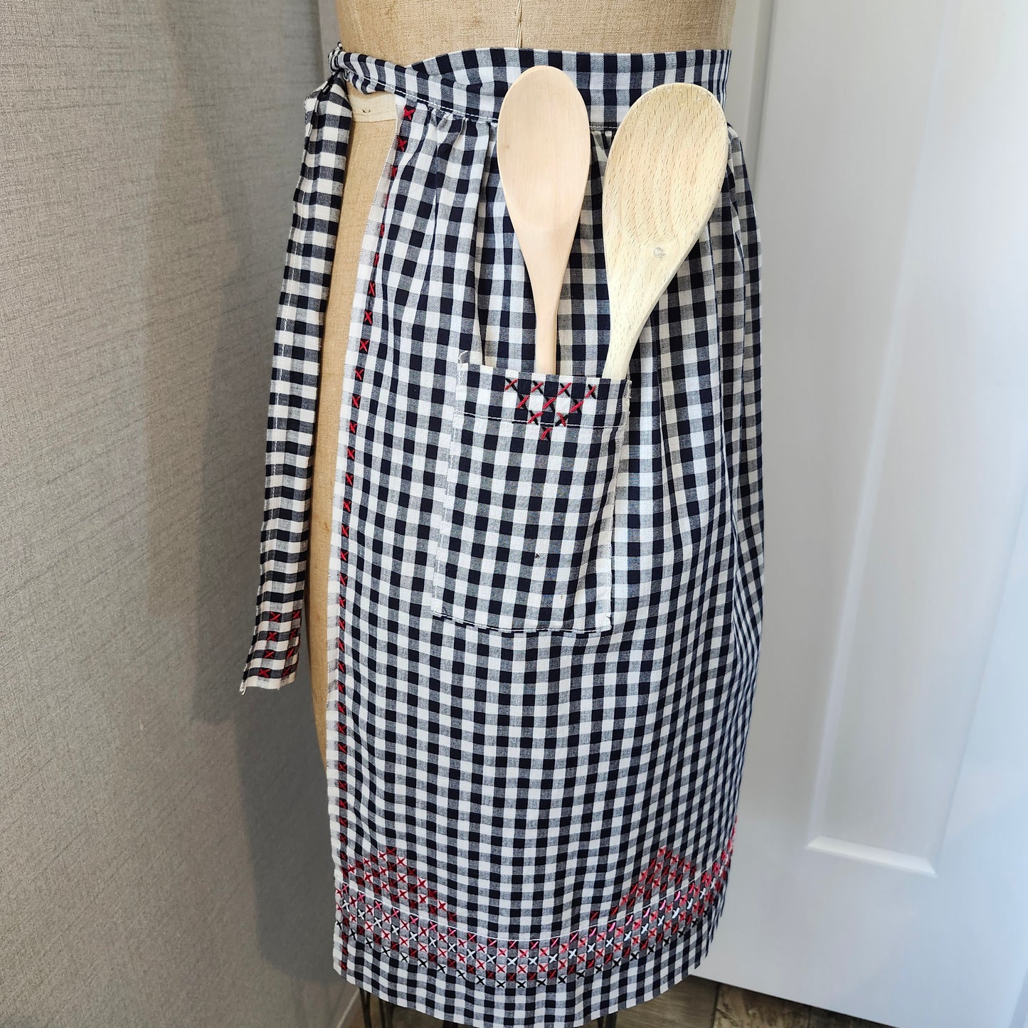 Black and White Gingham Vintage Half Apron with Red Cross Stitched Design