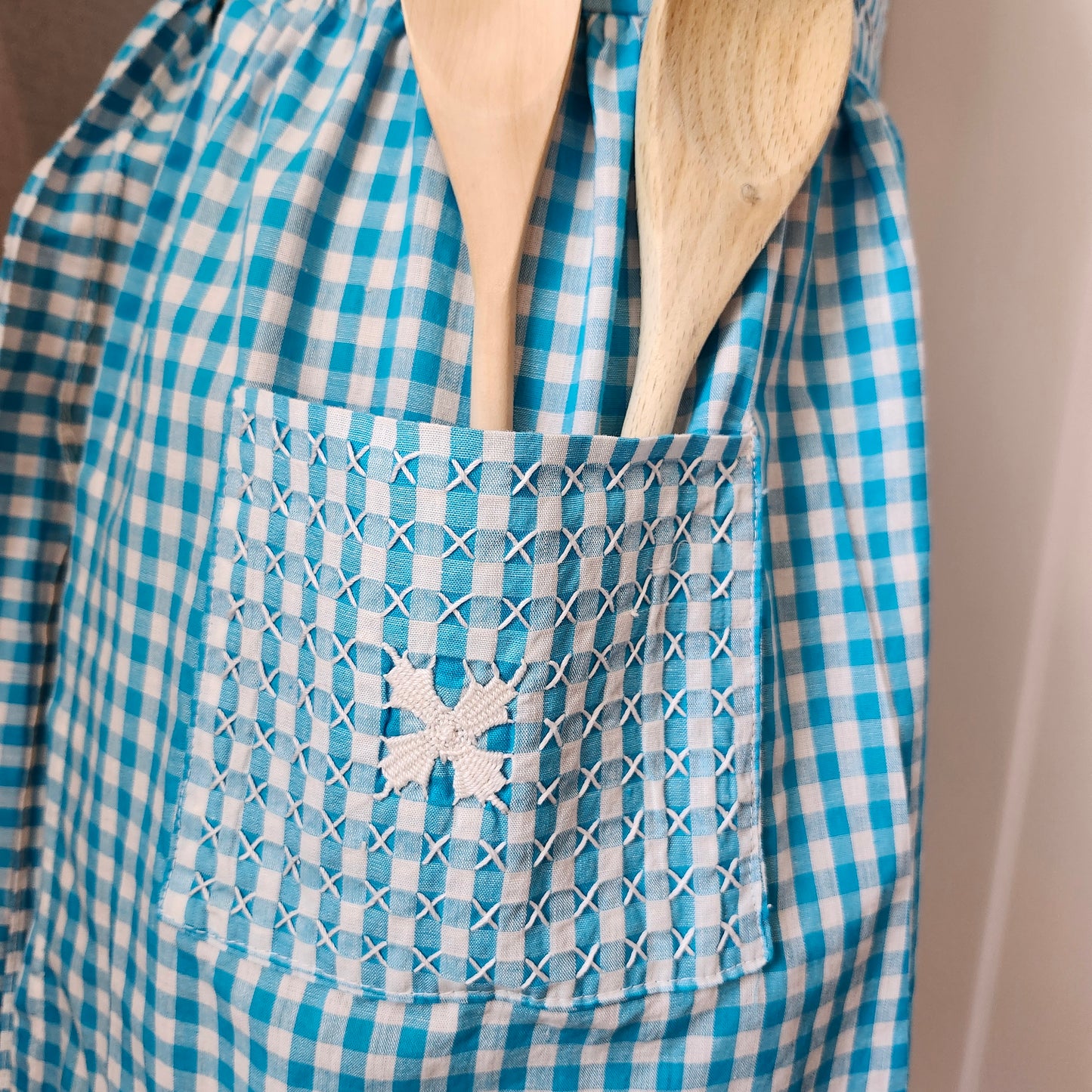 Turquoise Gingham Vintage Half Apron with White Cross Stitch and Bouillon Stitch Flowers