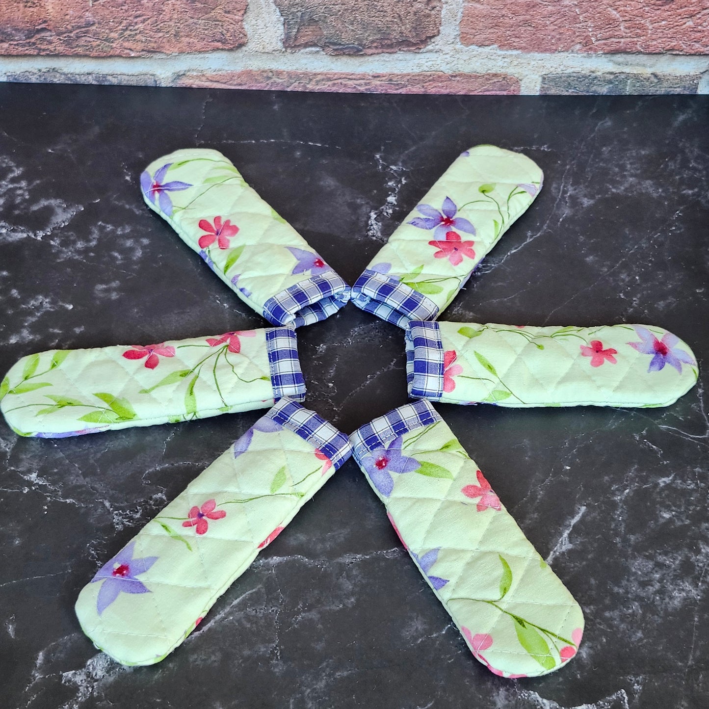 Pink and Purple Flowers on Green Skillet Handle Cover