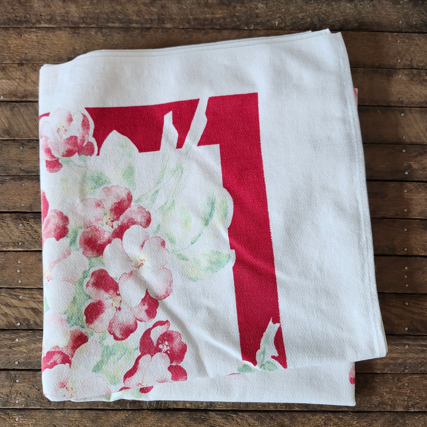 Red Floral Vintage Tablecloth