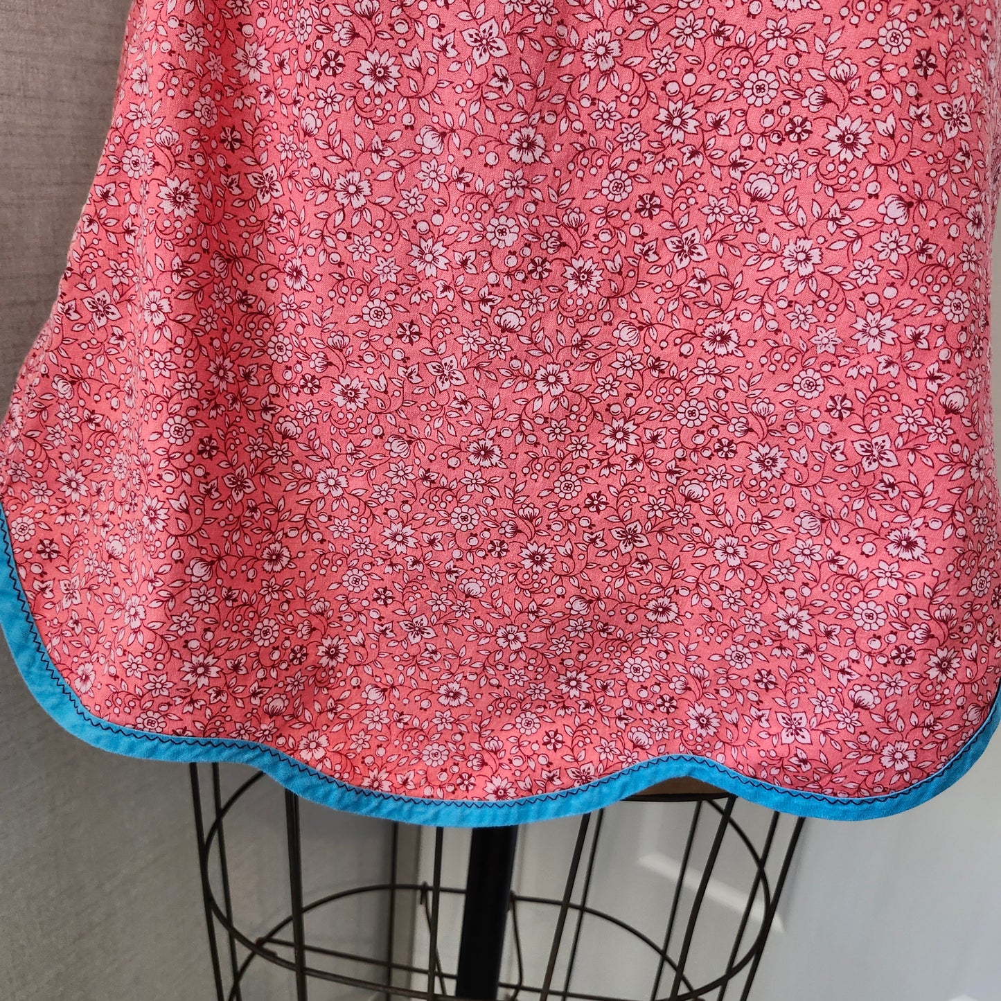 Pink Floral Vintage Pinner Apron with Turquoise Trim