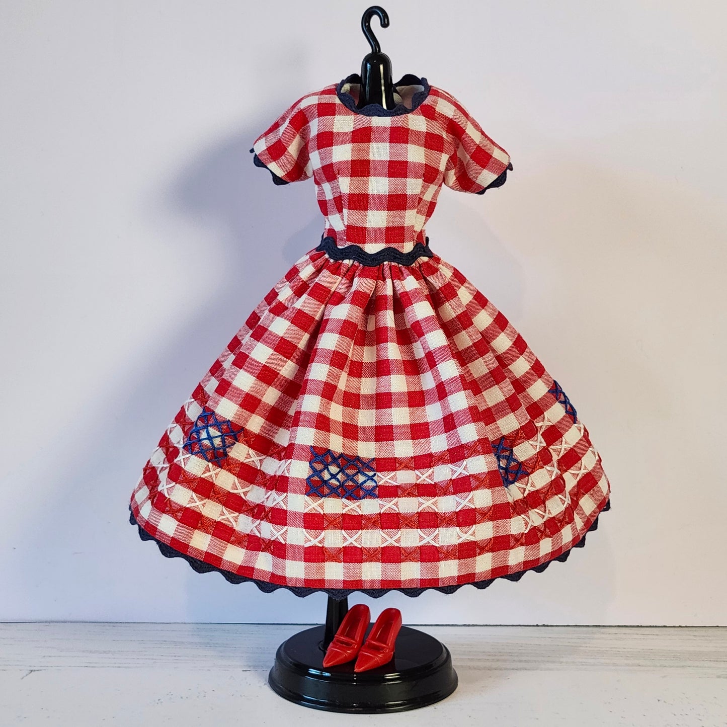 Flags on Gingham Hand Stitched Dress for 11 1/2" fashion dolls
