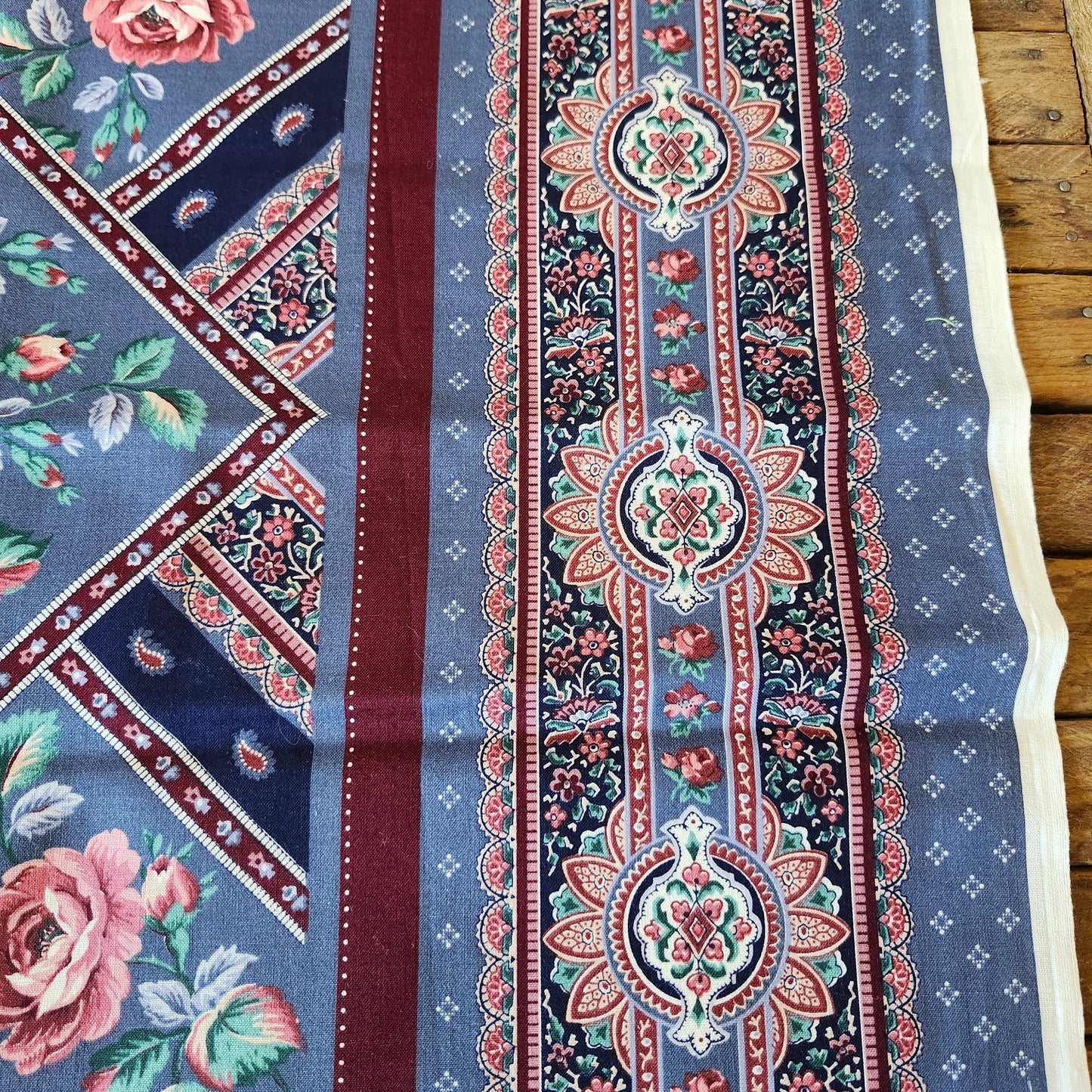 Mauve Roses on Burgundy and Blue Background Pillow Cut and Sew Panel