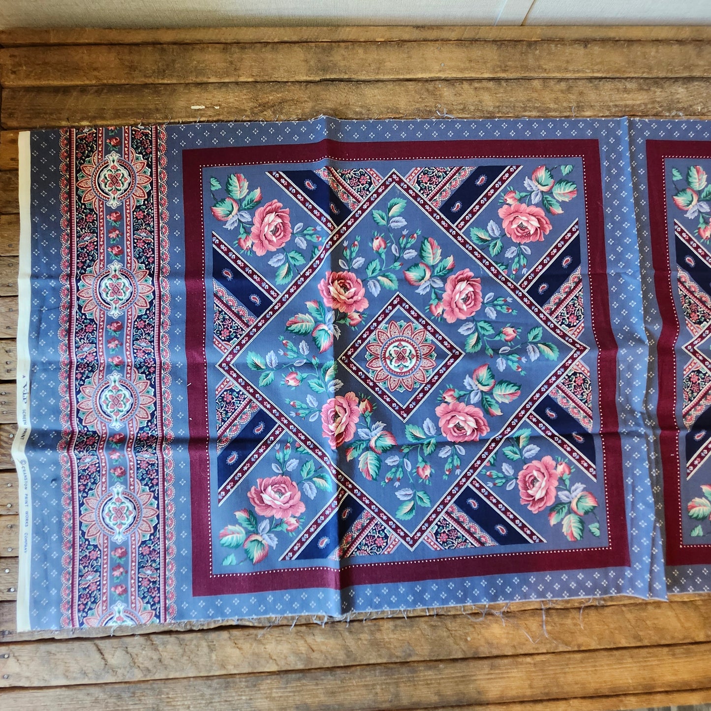 Mauve Roses on Burgundy and Blue Background Pillow Cut and Sew Panel