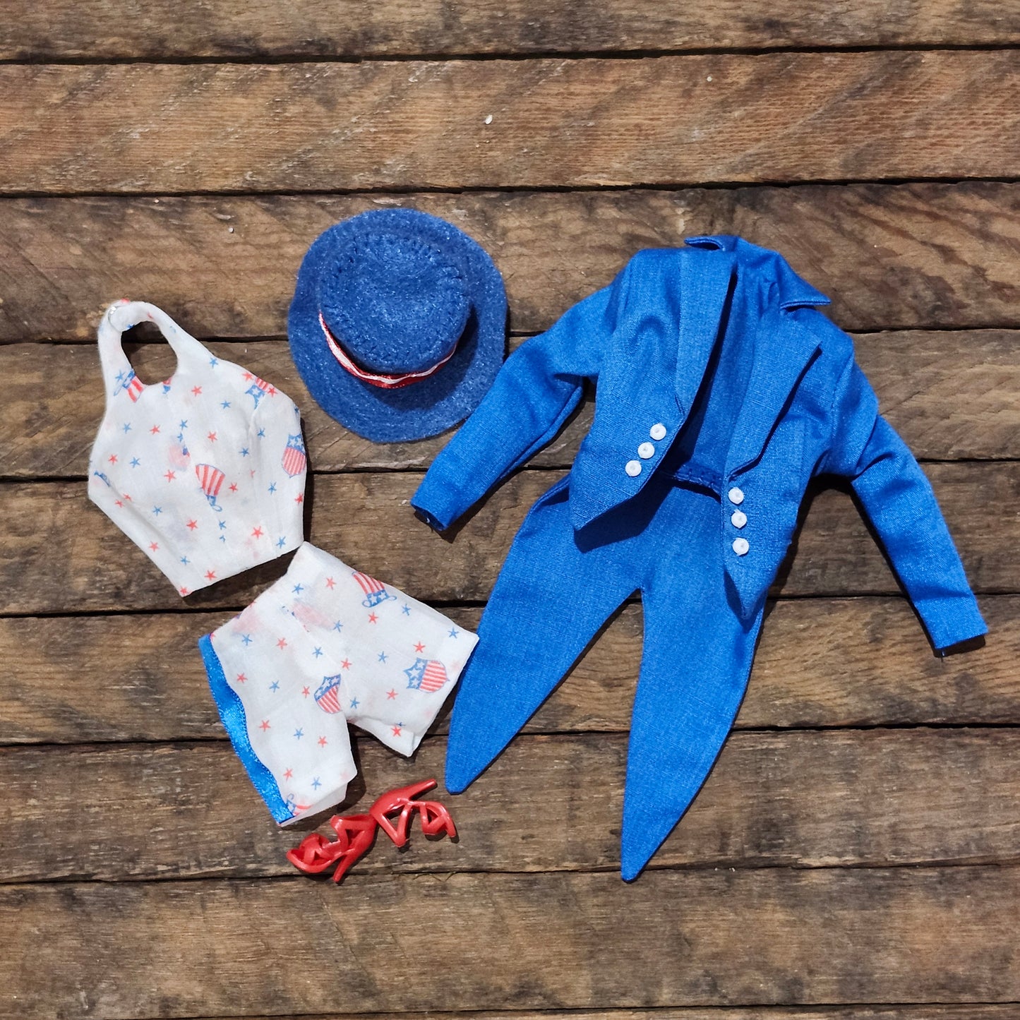 Patriotic Carnival Outfit for 11 1/2" fashion dolls, vintage hankie, OOAK