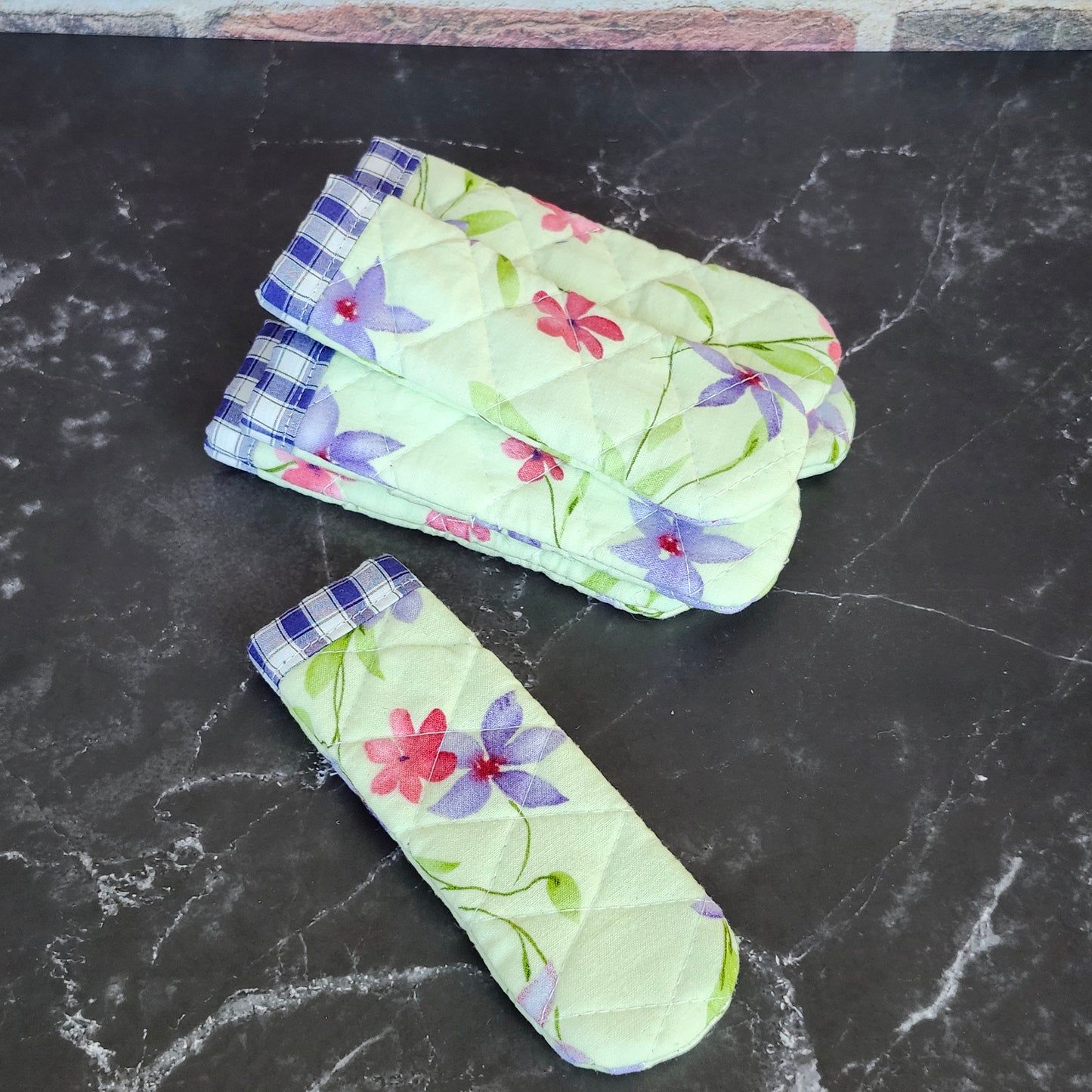 Pink and Purple Flowers on Green Skillet Handle Cover