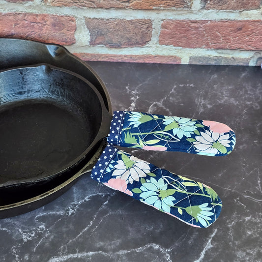 Flowers on Blue Skillet Handle Cover