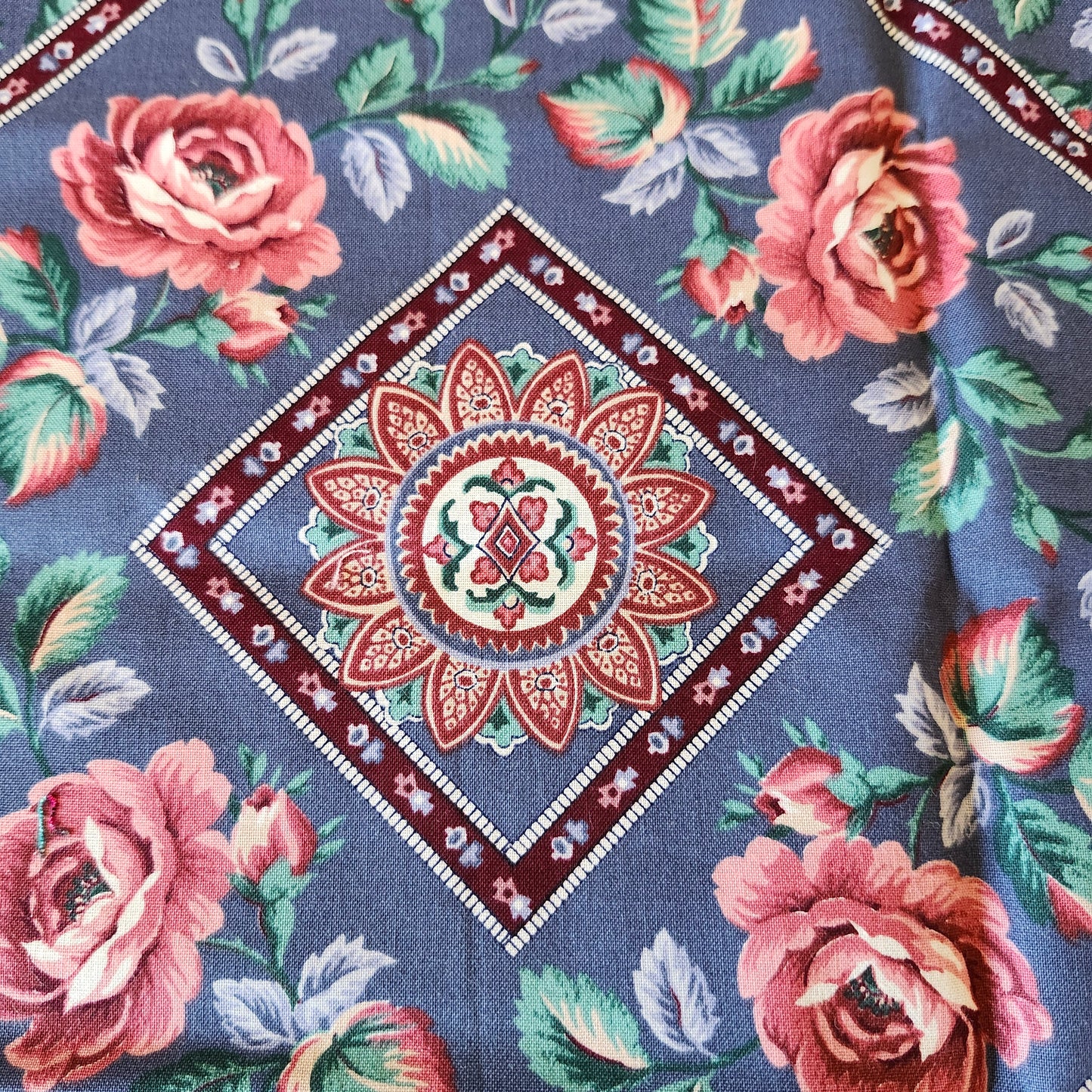 Mauve Roses on Burgundy and Blue Background Pillow Cut and Sew Panel