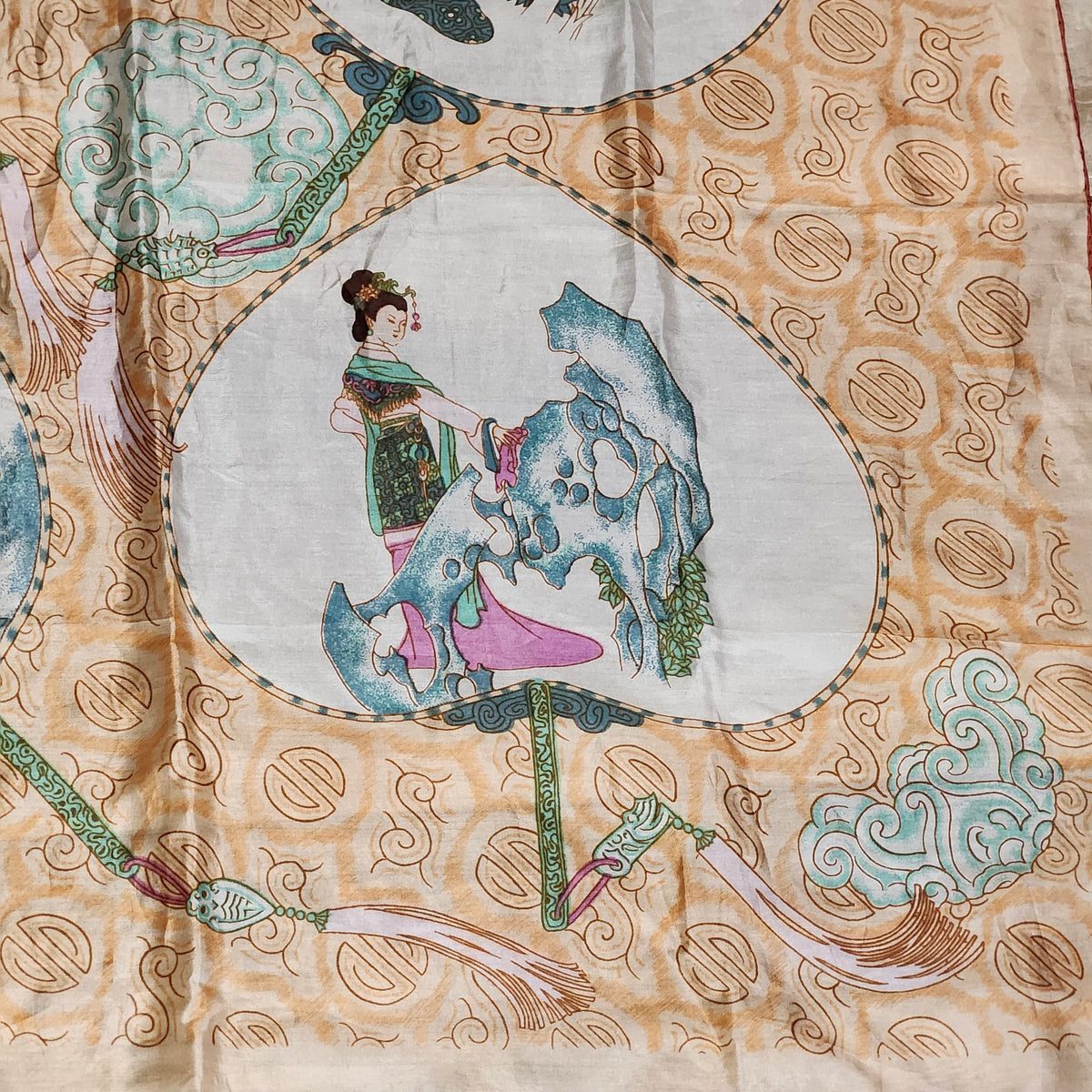 Vintage Triangle Brand Hand Printed Silk Scarf, Chinese Ladies Design