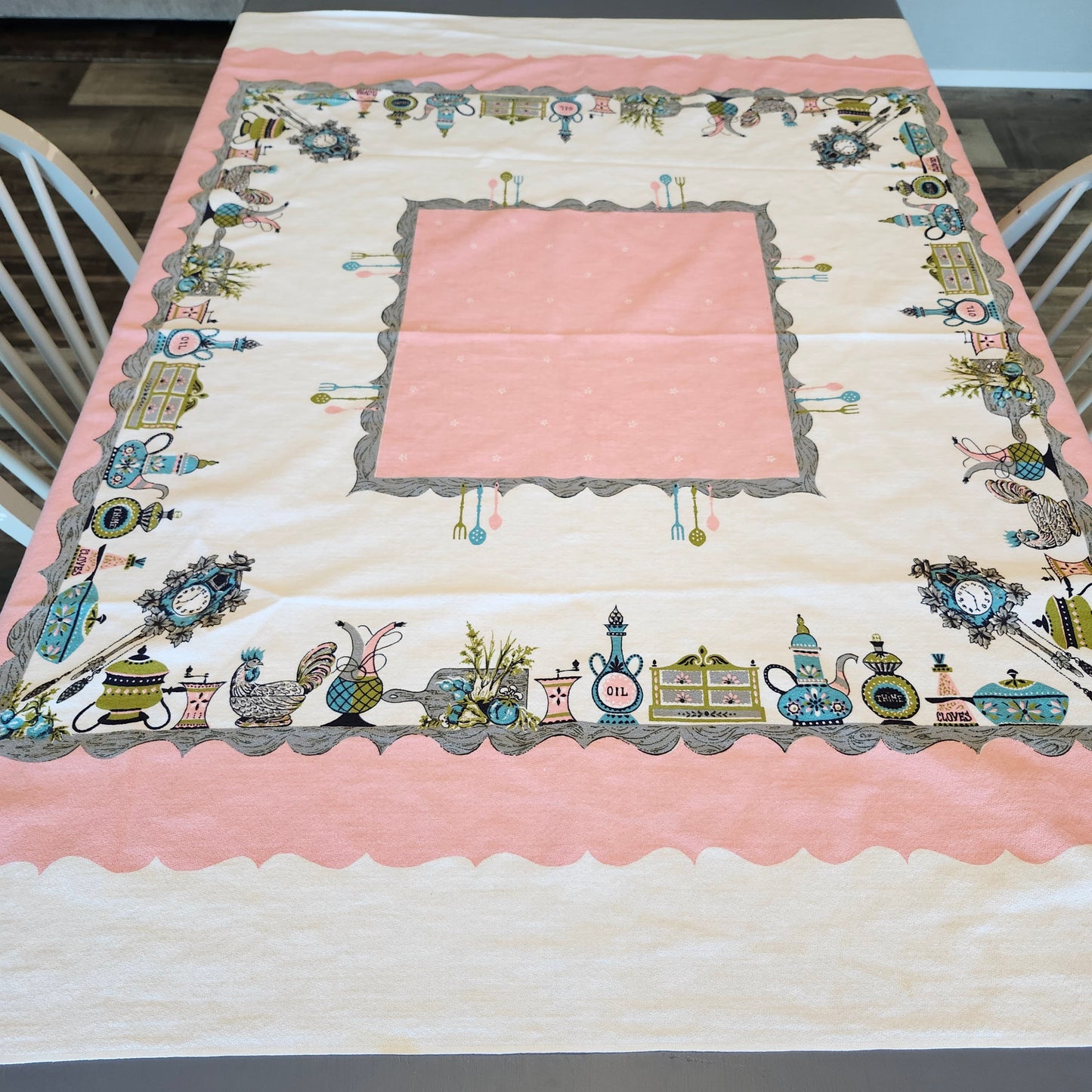 Pink Kitchen Scene MCM Vintage Startex Tablecloth