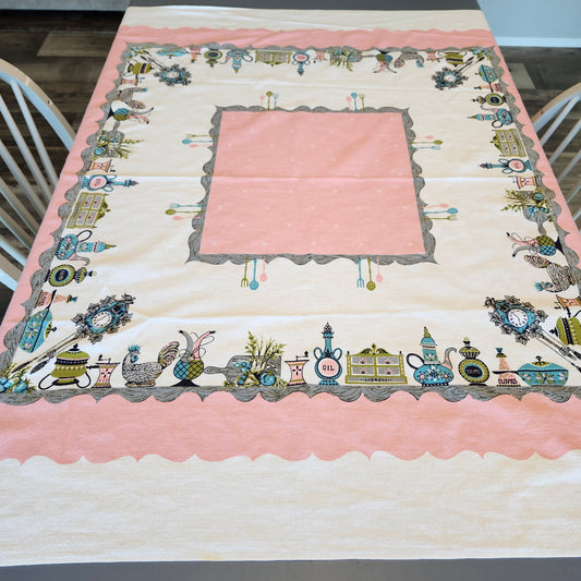 Pink Kitchen Scene MCM Vintage Startex Tablecloth