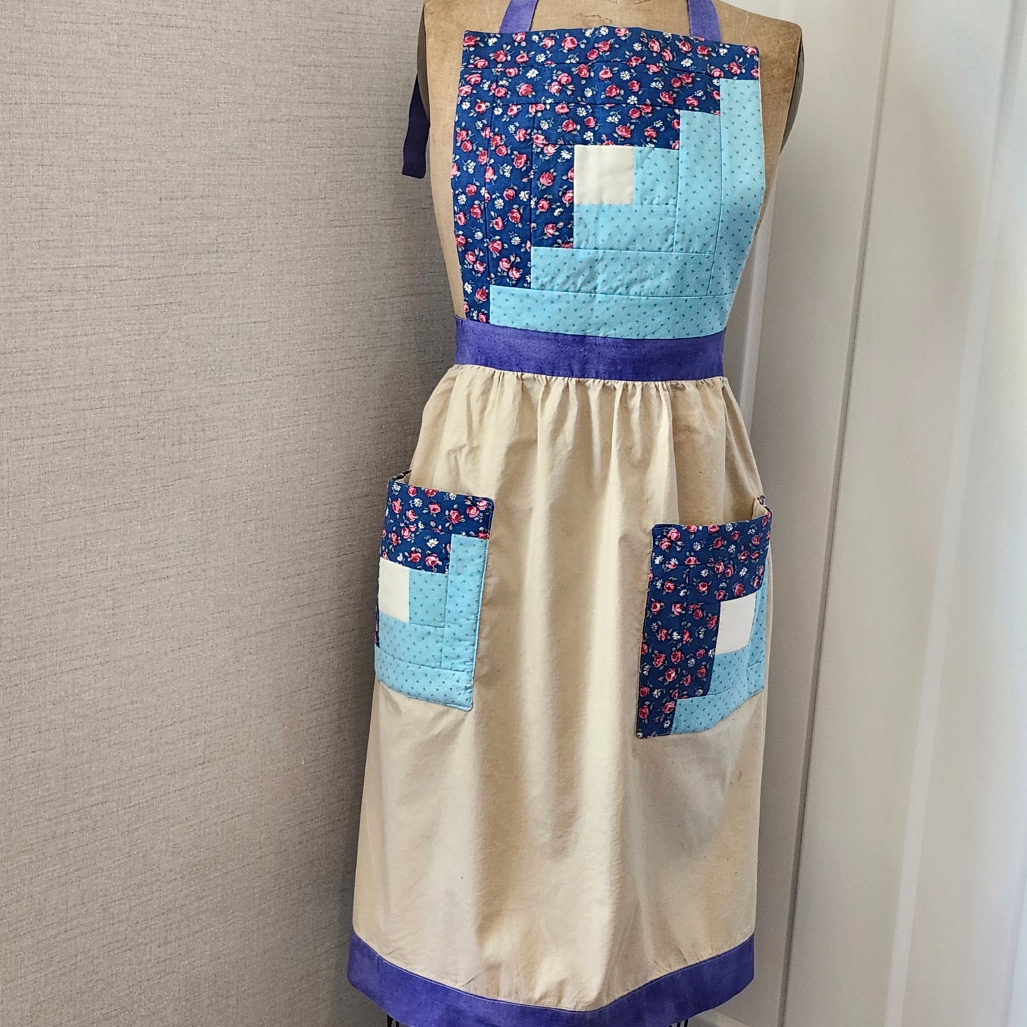 Log Cabin Quilted Bib Vintage Apron