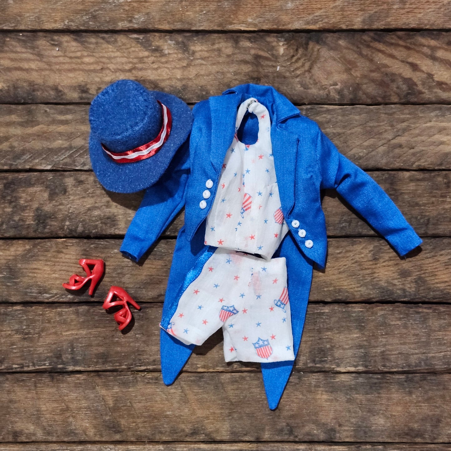 Patriotic Carnival Outfit for 11 1/2" fashion dolls, vintage hankie, OOAK