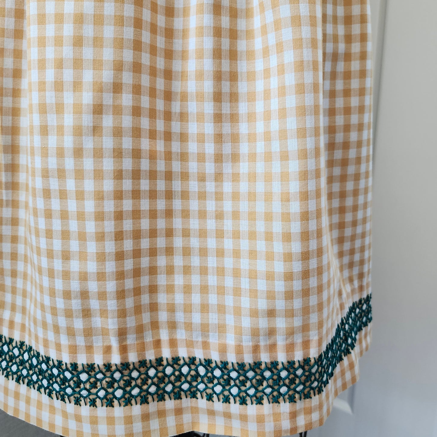 Tan Gingham Vintage Half Apron with Green Cross Stitch Design