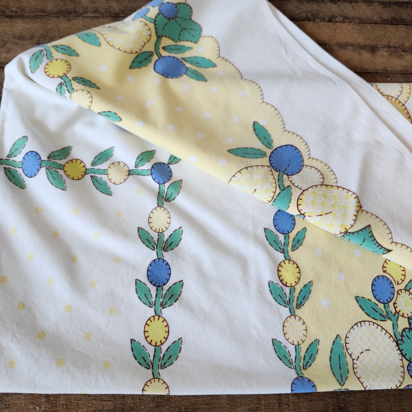 Yellow and Blue Fruit Design Vintage Tablecloth