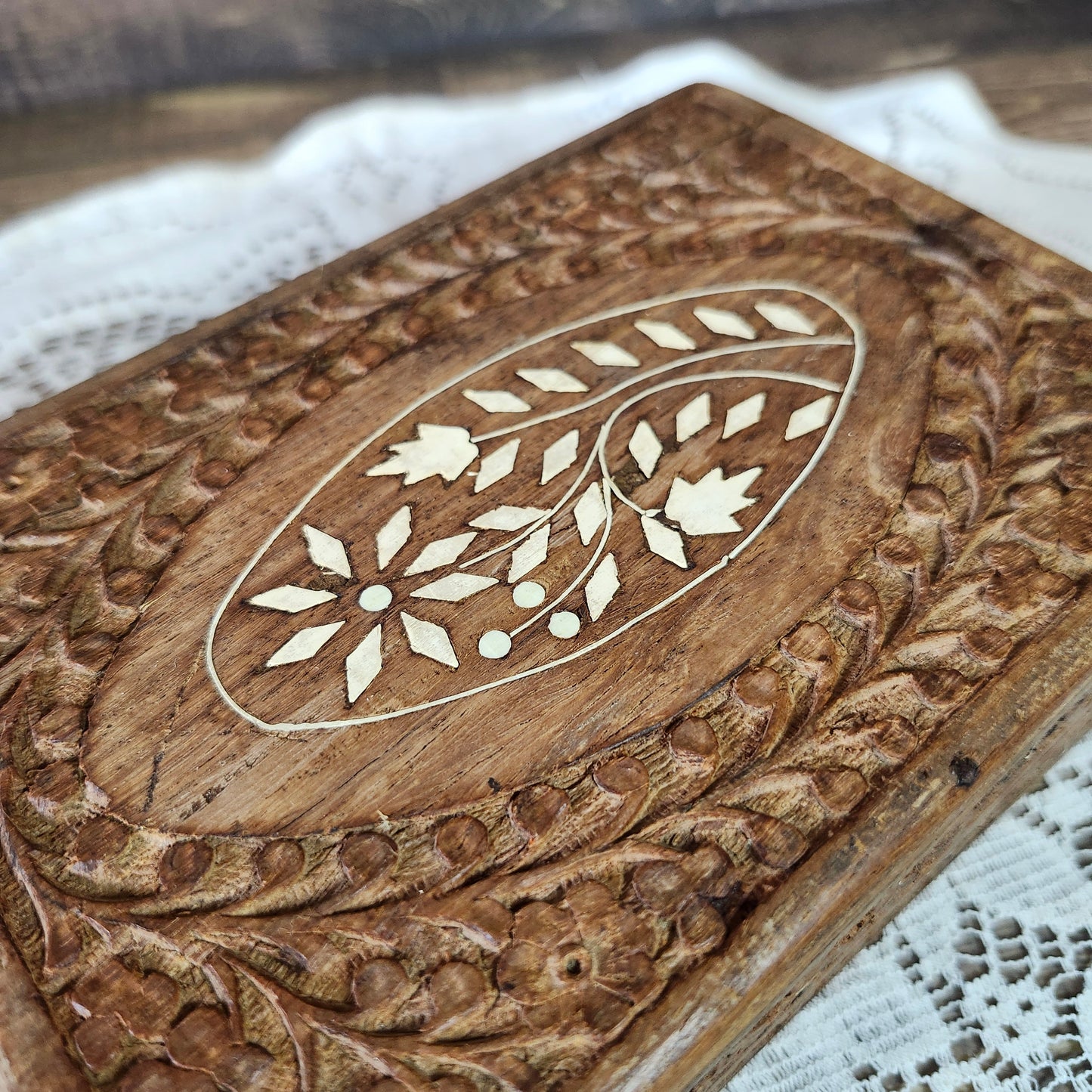 Carved Wood Box with Lid Inlay