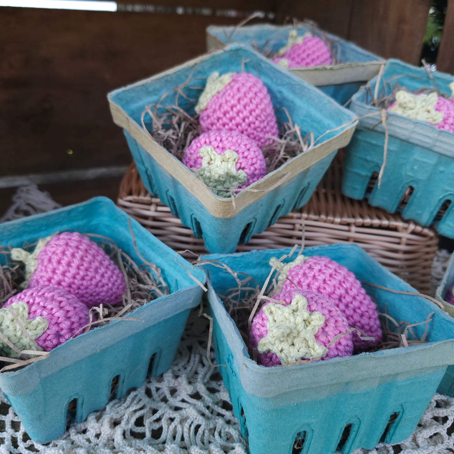 Set of 2 Handmade Crochet Strawberries in a Pint Basket, home decor, kitchen decor, farmhouse