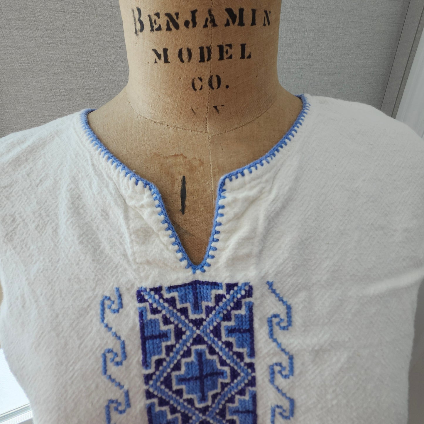 Boho Blue Embroidered White Blouse Handmade