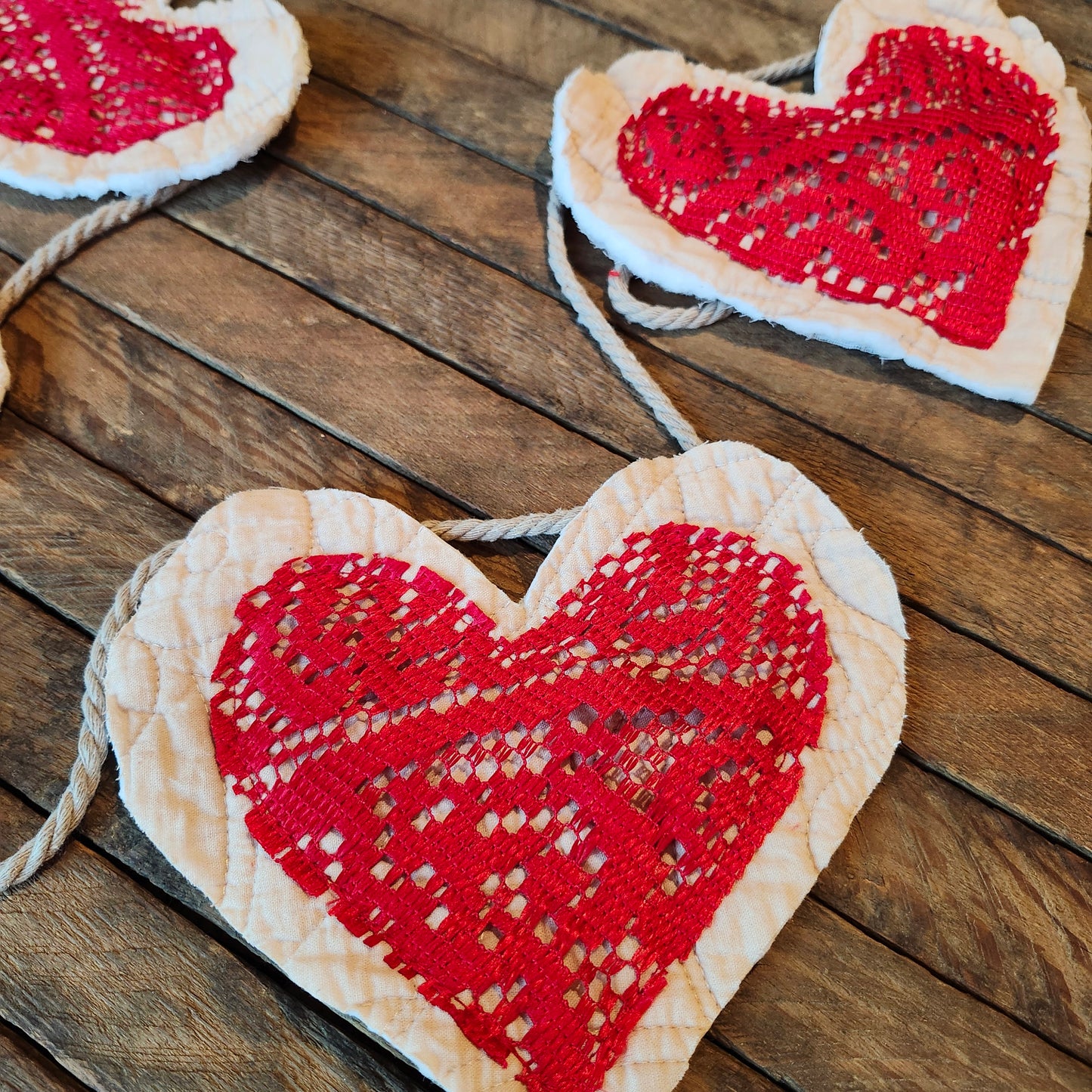 Red Lace and Quilted Hearts Garland