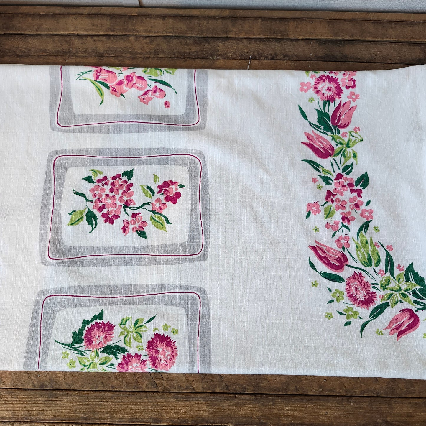 Pink and Gray Floral Vintage Tablecloth